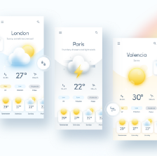 Create a weather app UI with 3D-like illustrations